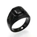 Detail view of men's black titanium steel Freemason ring with square black gemstone - Size 7 / Black Base Black Rhinestone