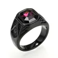 Close-up of black titanium ring featuring a large purple gemstone and Masonic engraving - Black Base with Purple Rhinestone