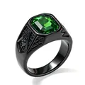 Vintage black titanium steel ring for men with green square gemstone and Freemasonry symbol - Size 7 / Black Base with Olive Green Rhinestone