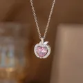 Elegant silver-plated apple necklace with a pink heart-shaped crystal stone pendant - Pink Diamond Apple Pendant (9462)
