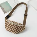 Unisex brown and beige checkered knit waist bag with adjustable strap and buckle - 27.5*8*15cm / Brown