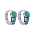Detail showing vintage silver hoop earrings adorned with three graduated turquoise stones - Retro Turquoise Style / White Gold (Oxidized Style)