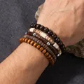 Vintage men's stacked bracelet set featuring multi-layer coconut shell and wooden beads. - Retro Ethnic Mixed Wood Bead Five-Piece Set (ZJ16350)