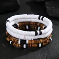 Vintage men's stackable bracelet set with coconut shell wood chips and white beads - Bohemian African Tribal Style Coconut Set (ZJ16918)