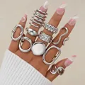 Juego de anillos de plata irregulares con texturas de metal líquido y estilos modernos - Estilo de Líneas Geométricas (6495202HB)