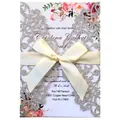 Elegant silver glitter laser-cut engagement invitation with cream ribbon bow decoration - Glitter Silver