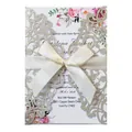 Elegant laser-cut glitter gold wedding invitation card with ribbon bow and floral design - Light Gold Glitter