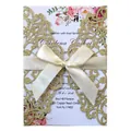 Elegant gold glitter laser-cut wedding invitation card with a cream satin ribbon bow - Glitter Golden Yellow