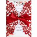 Exquise carte d'invitation de mariage rouge pailletée découpée au laser avec nœud en satin - Rouge Pailleté