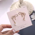 Elegantes pendientes de perlas con lazo, cristales brillantes y pasador de plata S925 premium - Pendientes largos de perlas con lazo