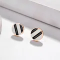 Minimalist titanium steel stud earrings with black and white stripes in rose gold - Black and White Striped Stud Earrings (719)