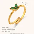 Detailed view of 18K gold plated stainless steel ring with green zircon butterfly - Butterfly Open Ring - Gold - Green Stone