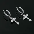 Elegantes pendientes de aro con cruz de plata y piedras de circonio para hombre y mujer - Par de plata