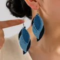 Retro leaf earrings with layered denim fabric texture and silver-tone alloy hooks - Blue Style (0275)