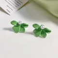 Retro vintage style green leaf alloy stud earrings with elegant white pearl accent for women - Green + Artificial Pearl (M-228)