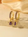 Elegant gold hoop earrings with sparkling purple crystals and teardrop pendants. - Purple