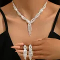 Detailed view of an elegant crystal tassel necklace and matching fringe earrings on a model - 733 Silver