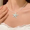 Elegante kralen ketting met een lichtblauwe 3D-zeester hanger voor modebewuste dames - Witgoud Lichtblauwe Zeester Stijl (A-944)