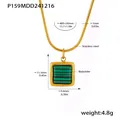 Detail view of malachite square pendant necklace with dimensions and stainless steel material info - P159-Gold Necklace with Malachite