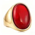 Bague rétro en acier inoxydable doré ornée d'une grande pierre ovale rouge intense - Taille 7 / Or-Œil-de-chat Rouge
