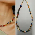 Detailed view of irregular colorful natural stone necklace with vintage oil painting texture - One Size / Five-Color Leopard Necklace