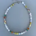 Detailed shot showing colorful irregular natural stones of this vintage necklace - One Size / Fresh Green Pink Yellow Necklace