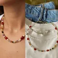 Handmade vintage colorful irregular natural stone and pearl necklace for women's daily wear - One Size / Rich Red Necklace