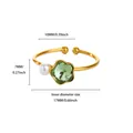 Detail view of a stainless steel flower ring with pearl and size measurements - Adjustable Open / Green Flower Pearl Style (G6237816G-2)