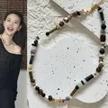 Handmade colorful irregular natural stone necklace with vintage design and gold-tone clasp - One Size / Retro Mixed Necklace