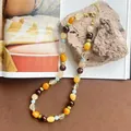 Vintage colorful natural stone necklace with irregular beads and golden clasp detail - One Size / Orange Yellow Round Bead Irregular Style Necklace