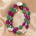 Handmade oil painting style irregular natural stone necklace with baroque pearls. - One Size / Artificial Pearl Purple Green Irregular Style Necklace