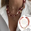 Bohemian multilayered necklace set featuring silk scarf wrap and golden starfish pendants - Red And White Plaid Layered Style (6953)
