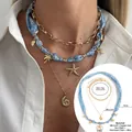 Bohemian ocean-themed layered necklace set with blue silk scarf and gold starfish charms - Blue Paisley Ocean Style (6954)