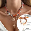 Mehrlagiges Halsketten-Set im Meeres-Stil mit Seidenschal, Sonnen- und Kreuzanhänger - Oranger Floral Boho-Stil (7096)