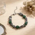 Retro unisex titanium steel bracelet featuring green malachite-patterned beads in a vintage style - Silver Turquoise Beaded Bracelet (BST-0073)