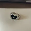 Elegant silver metal ring featuring a black dripping glaze heart and adjustable open band - Black Heart Drip Oil Wide Style