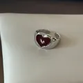 Elegant adjustable silver tone heart ring with burgundy red enamel glaze design for women - Wine Red Heart Drip Oil Wide Style