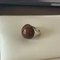 Chic adjustable silver ring featuring a large glossy brown spherical glaze element - Coffee Round Drip Oil Style