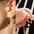 Vintage style gold chain drop earrings featuring natural black lava stone beads for women - Black Lava Stone Chain Dangle Earrings