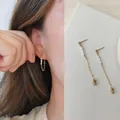 Elegant vintage style long freshwater pearl drop earrings with gold-tone delicate chains - Rice Freshwater Pearl Dangle Earrings