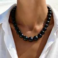 Statement chunky black beaded necklace in ethnic bohemian style for a coastal look - Bold Large Bead Necklace (32818) / Large Particles Beads / Black