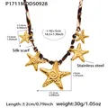 Detailed view of leopard print silk scarf necklace with golden starfish pendants. - Satin Leopard Gold Starfish Style (P1711)