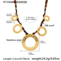 Elegant gold stainless steel circle necklace with leopard print silk scarf neck strap - Satin Leopard Gold Hammered Ring Style (P1765)