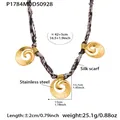 Gold plated stainless steel necklace featuring leopard silk scarf cord and spiral pendants - Satin Leopard Gold Spiral Style (P1784)