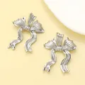 Elegant silver metal bow stud earrings for women, minimalist trendy jewelry accessory - Pleated Textured Bowknot Stud Earring (N-352)