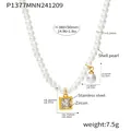 Technical detail view of shell pearl necklace with square zircon pendant and dimensions - Gold Square Pendant (P1377)