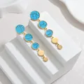 European style gold plated titanium steel long tassel earrings with blue marble circles - Blue (OLBE1151-lan)
