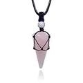 Detail view showing the natural pink rose quartz hexagonal point pendulum necklace - Woven Pendant / Pink Rose Quartz