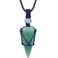 Detailed view of a green natural stone pendulum necklace with black braided cord - Woven Pendant / Green Aventurine