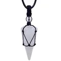 Detail view of a natural crystal pendulum pendant with black hand-woven rope net - Woven Pendant / White Clear Quartz